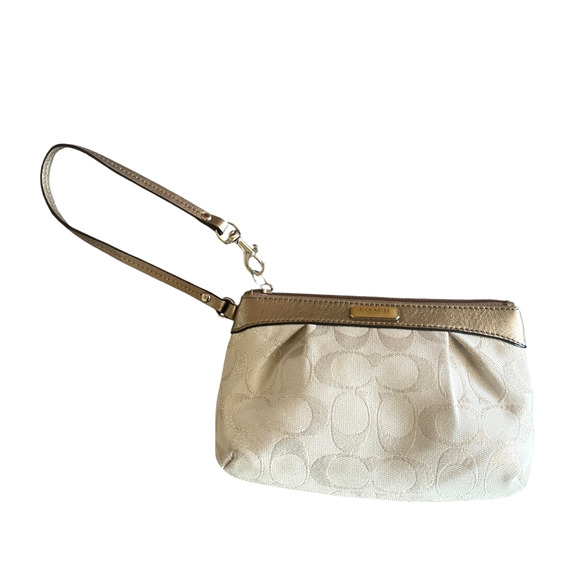 COACH Signature Metallic Khaki Gold Pleated Leather Top Zip Wristlet Bag Logo - Picture 7 of 8